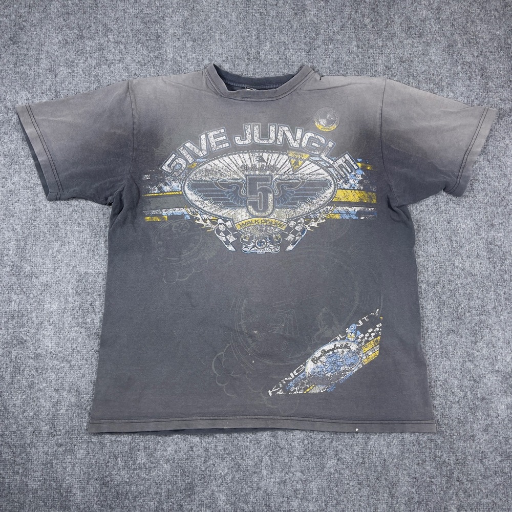 5ive Jungle Graphic T-Shirt Mens Large Grey Faded Y2K Streetwear Racing Tee